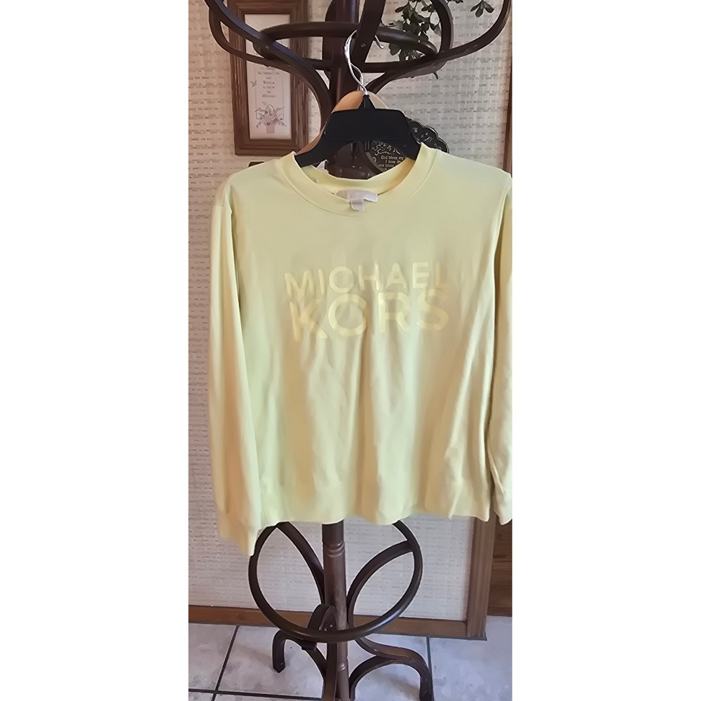 Michael Kors Womens Yellow Raised Logo Crewneck Sweatshirt Size S Long Sleeve